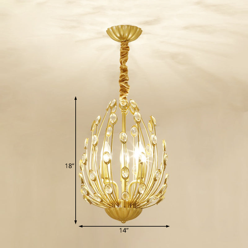 Oval Metal and Crystal Hanging Light Rustic 3/6 Lights Dining Room Chandelier Light in Gold