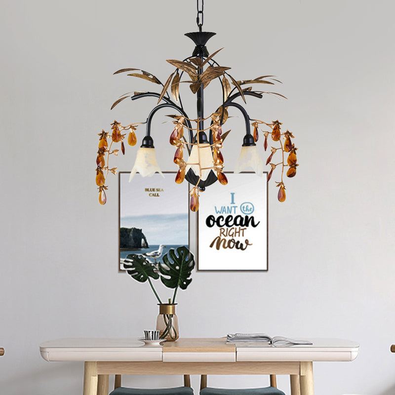 Floral Shape White Glass Chandelier Light Rustic 3 Lights Dining Room Hanging Light with Black/White Arm