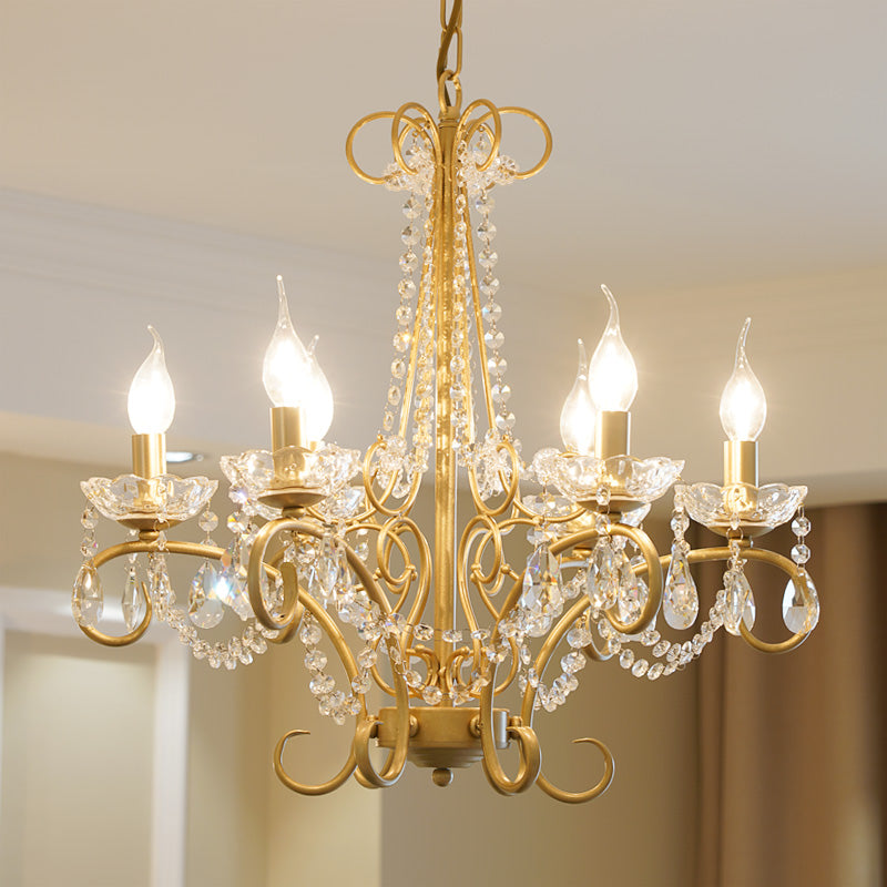 Candle Metal and Crystal Ceiling Light Traditional 3/6 Lights Living Room Chandelier Light with Gold Curve Arm