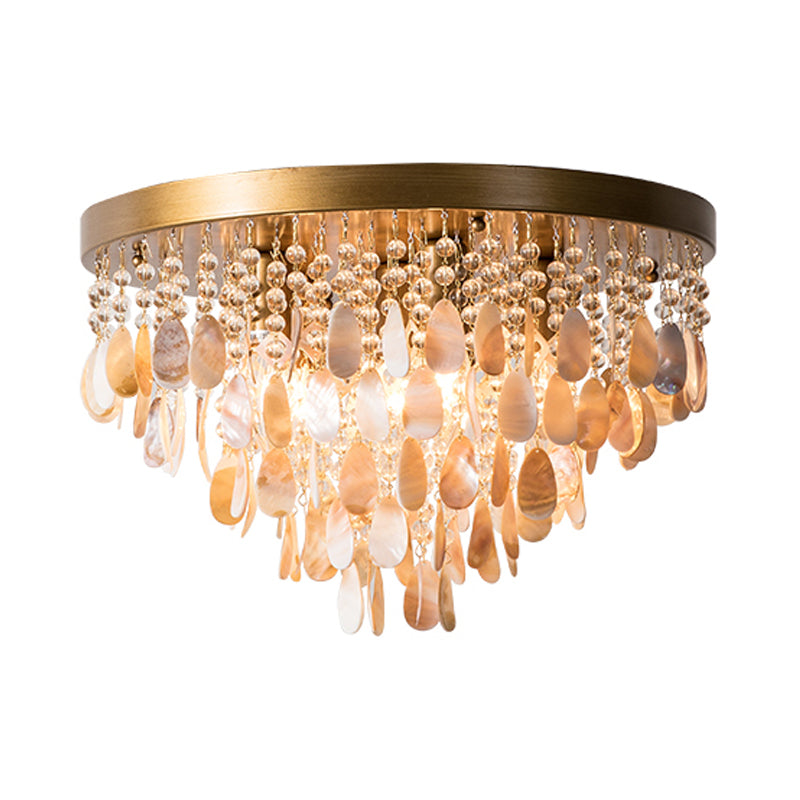 Cascade Shell et Crystal Flush Light Rustic 6/9 Lights Living Room Ceiling Light with Black / Brass Canopy, 16 "/19.5" Wide