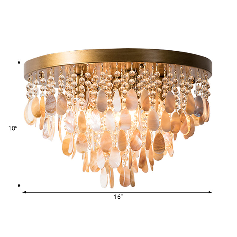 Cascade Shell et Crystal Flush Light Rustic 6/9 Lights Living Room Ceiling Light with Black / Brass Canopy, 16 "/19.5" Wide