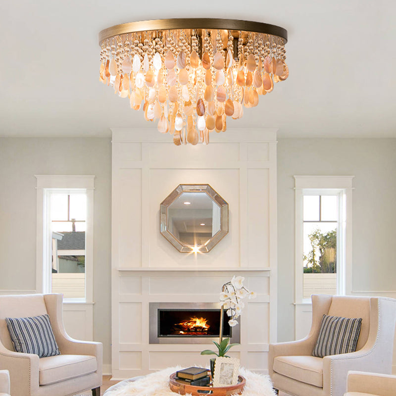 Cascade Shell et Crystal Flush Light Rustic 6/9 Lights Living Room Ceiling Light with Black / Brass Canopy, 16 "/19.5" Wide