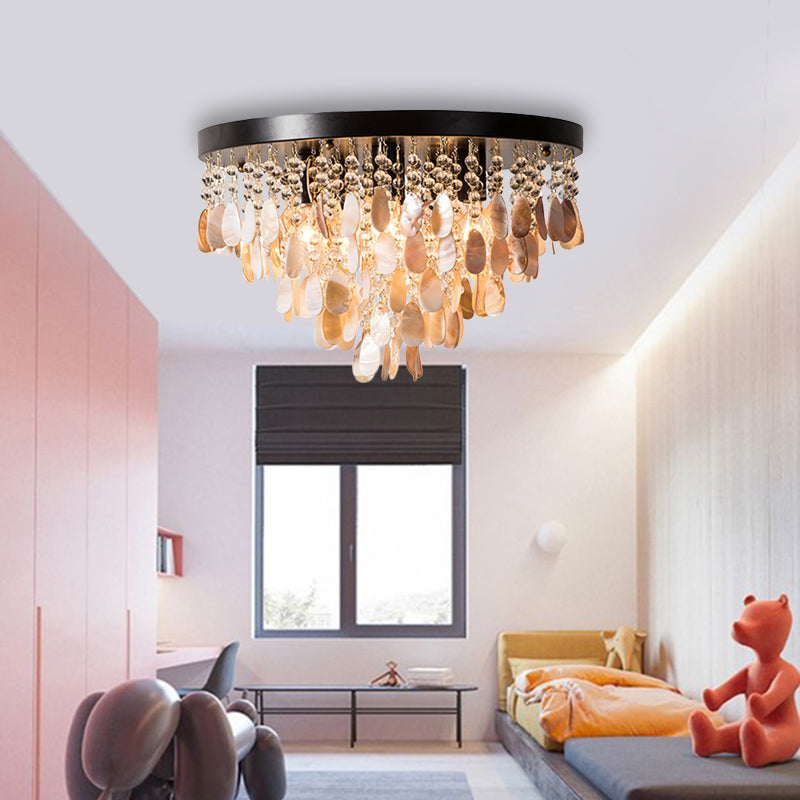 Cascade Shell et Crystal Flush Light Rustic 6/9 Lights Living Room Ceiling Light with Black / Brass Canopy, 16 "/19.5" Wide