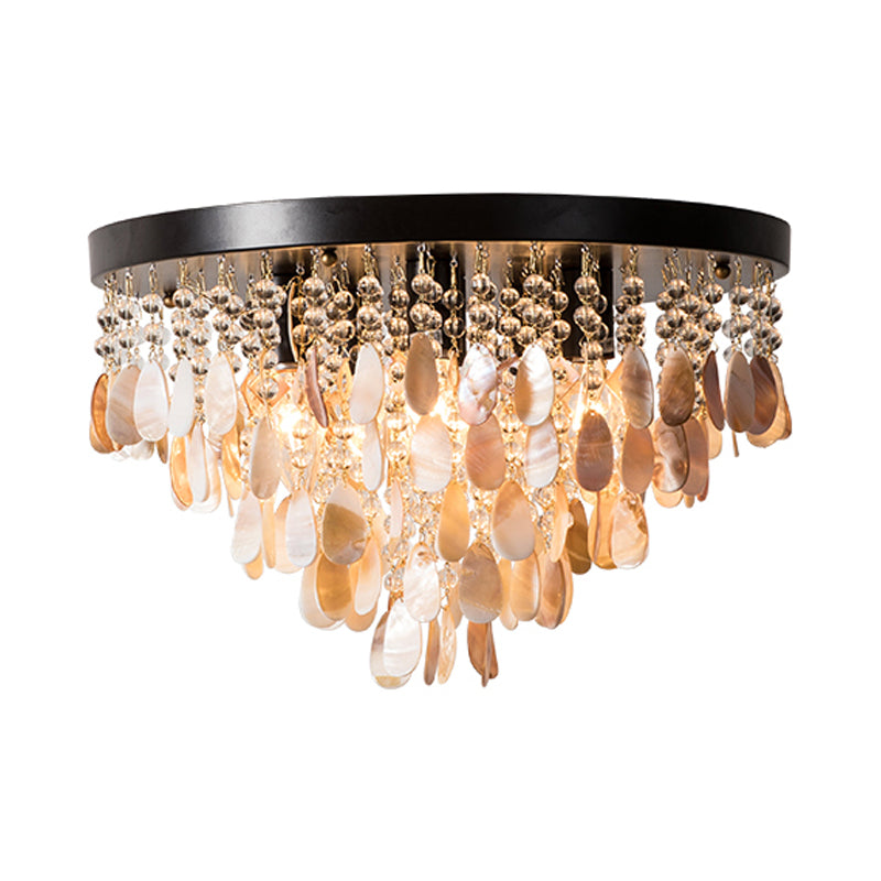 Cascade Shell et Crystal Flush Light Rustic 6/9 Lights Living Room Ceiling Light with Black / Brass Canopy, 16 "/19.5" Wide