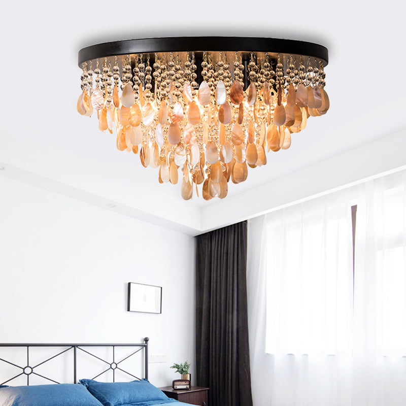 Cascade Shell et Crystal Flush Light Rustic 6/9 Lights Living Room Ceiling Light with Black / Brass Canopy, 16 "/19.5" Wide