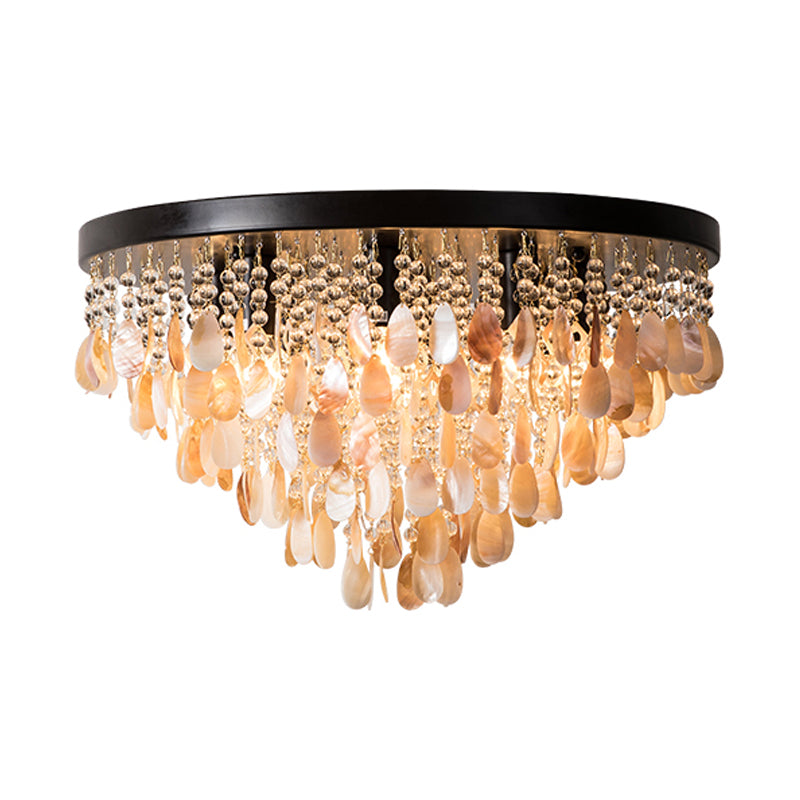 Cascade Shell et Crystal Flush Light Rustic 6/9 Lights Living Room Ceiling Light with Black / Brass Canopy, 16 "/19.5" Wide