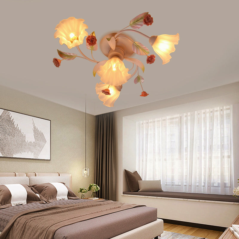 Weiße Glasblume halb Flush Mount Leichte rustikale 4/7 Lichter Schlafzimmer Hängende Leuchte
