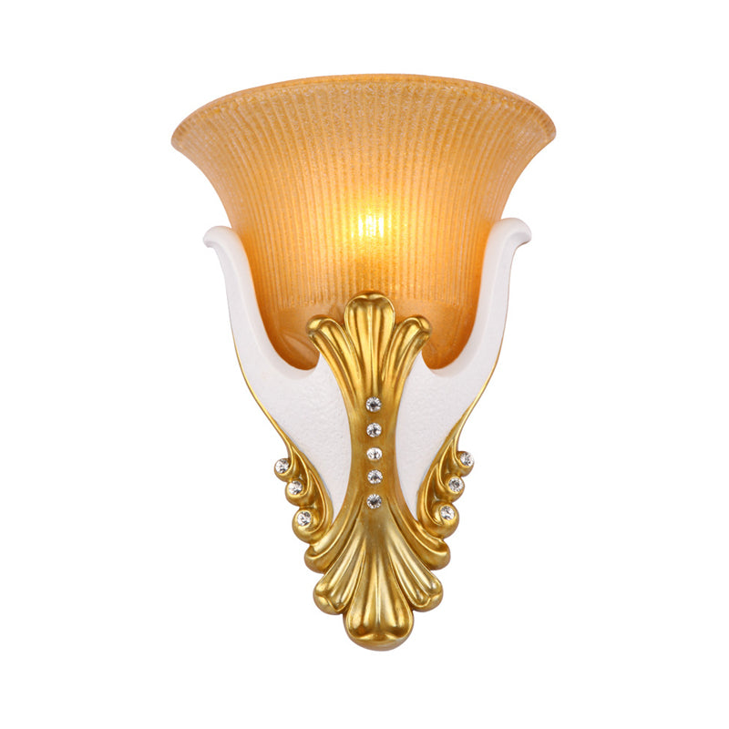1 Light Ribbed Glass Wall Light Vintage White/Yellow Bell Shaped Bedside Sconce Light, 9.5"/13" Wide