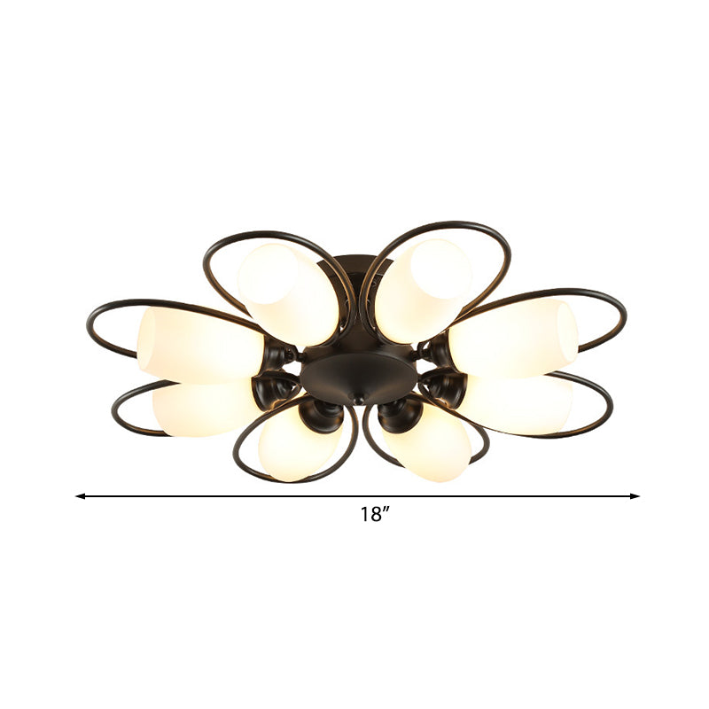 3/6/8 luces Semi Flush Mount Flower Flower Vidrio Blanco Luz de techo en negro para sala de estar