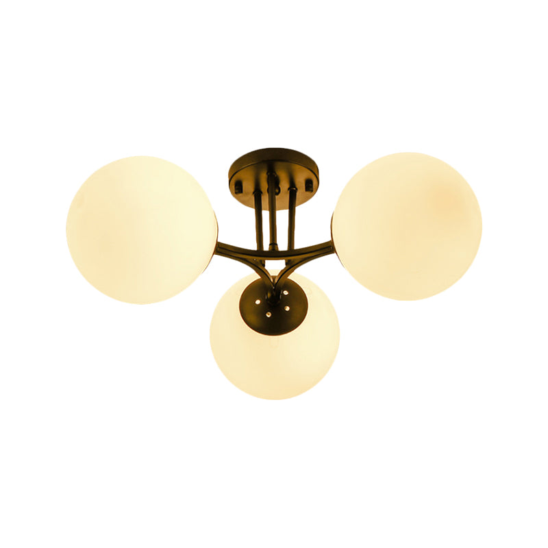 3/6 Lights Living Room Ceiling Light Fixture Traditional Black Semi Flush with Globe White Glass Shade