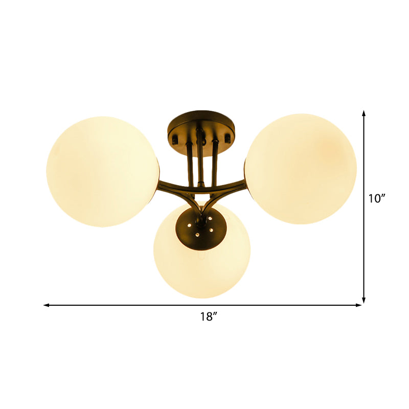 3/6 Lights Living Room Ceiling Light Fixture Traditional Black Semi Flush with Globe White Glass Shade