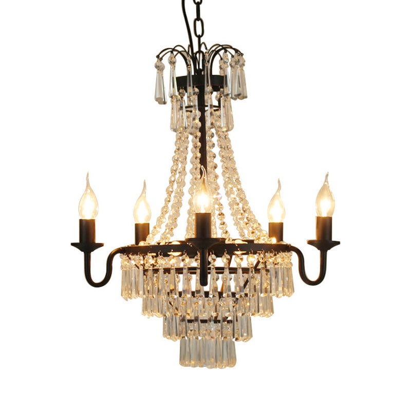 5 Lights Crystal Empire Chandelier Light Country Black Exposed Bulb Living Room Pendant Lighting
