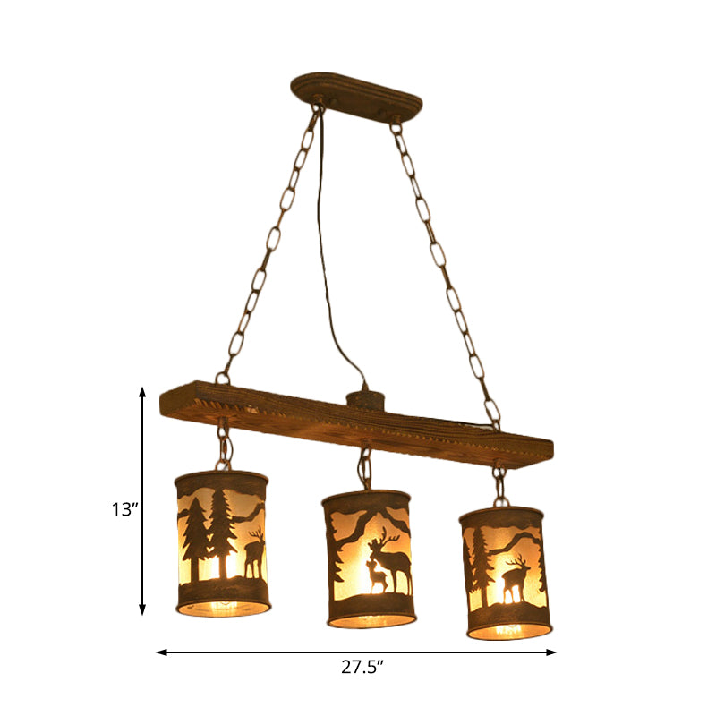 Cylinder Island Chandelier Light with Metal and Fabric Shade 3/5/6 Lights Vintage Hanging Lamp in Rust