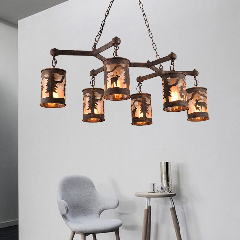 Cylinder Island Chandelier Light with Metal and Fabric Shade 3/5/6 Lights Vintage Hanging Lamp in Rust