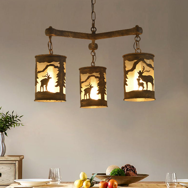 Cylinder Metal and Fabric Chandelier Light Rustic 3/6/9 Lights Dining Room Pendant Lighting in Brown with Deer Pattern