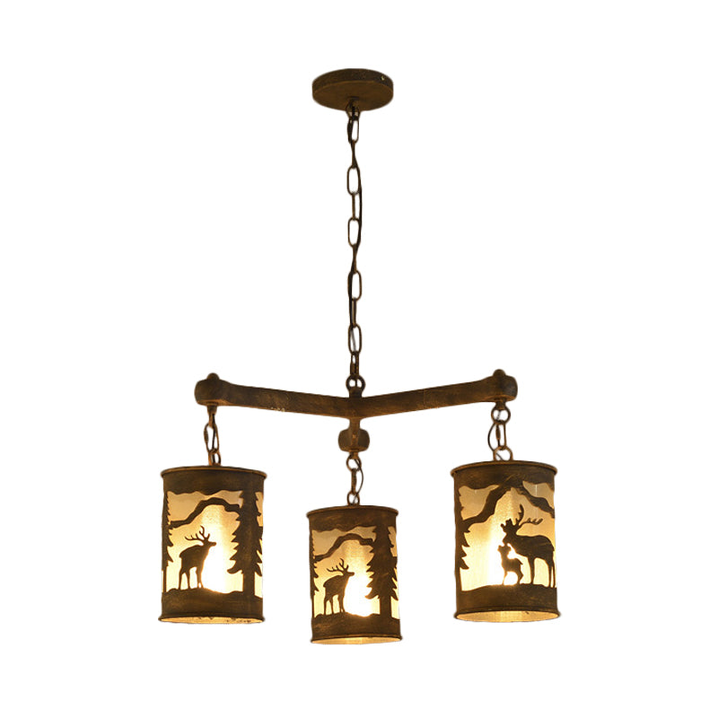 Cylinder Metal and Fabric Chandelier Light Rustic 3/6/9 Lights Dining Room Pendant Lighting in Brown with Deer Pattern