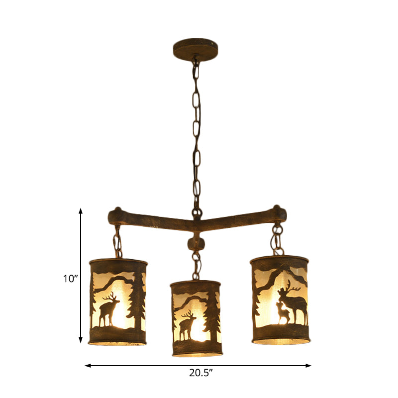 Cylinder Metal and Fabric Chandelier Light Rustic 3/6/9 Lights Dining Room Pendant Lighting in Brown with Deer Pattern