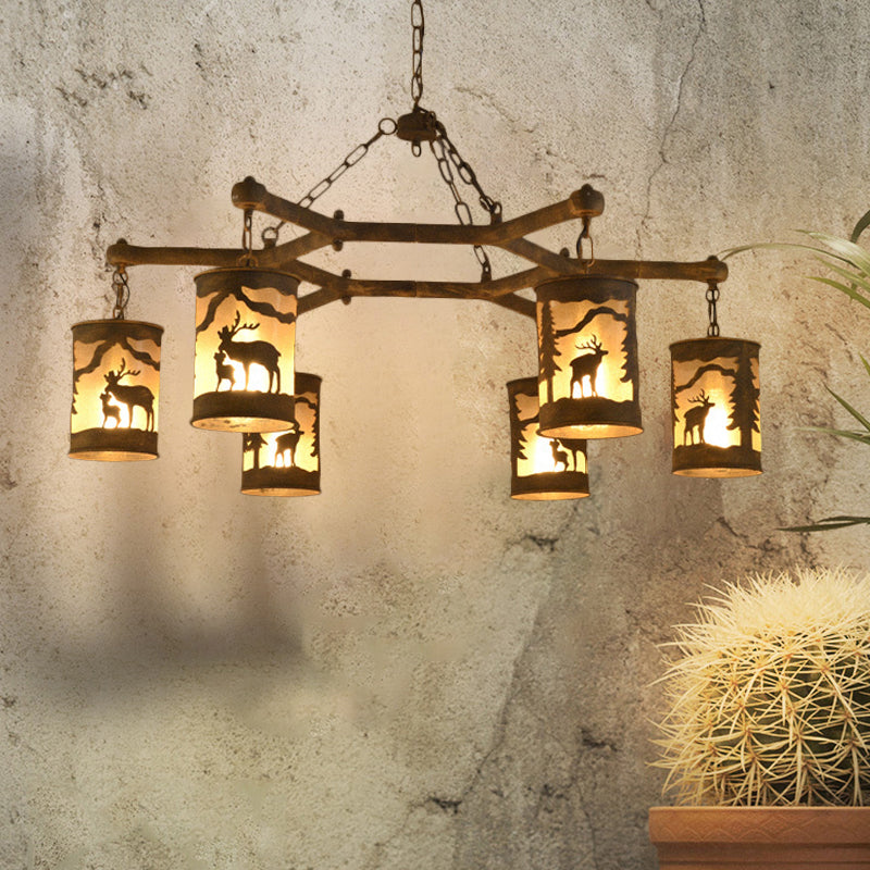Cylinder Metal and Fabric Chandelier Light Rustic 3/6/9 Lights Dining Room Pendant Lighting in Brown with Deer Pattern
