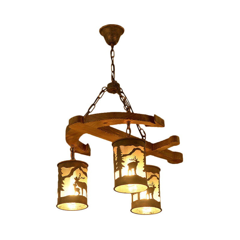 Cylinder Living Room Chandelier Rustic Wood 3 Lights Brown Hanging Fixture with Anchor Accents
