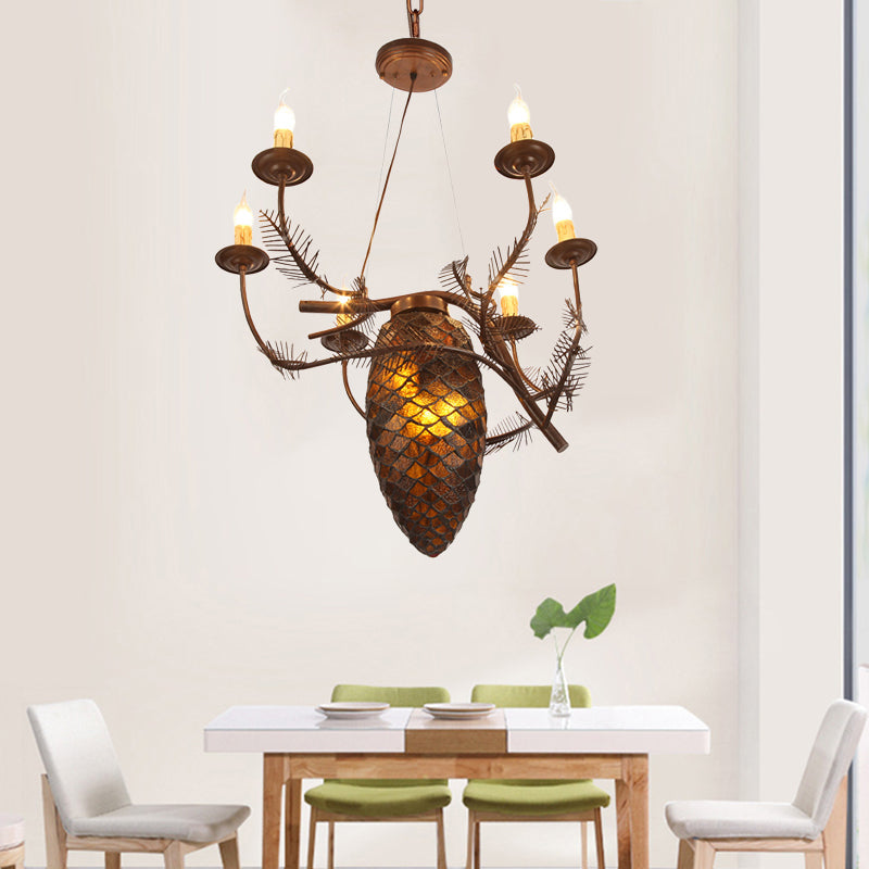 Metal Coffee Pendant Lamp Pinecone 9 Lights Rustic Chandelier Light Fixture for Dining Room