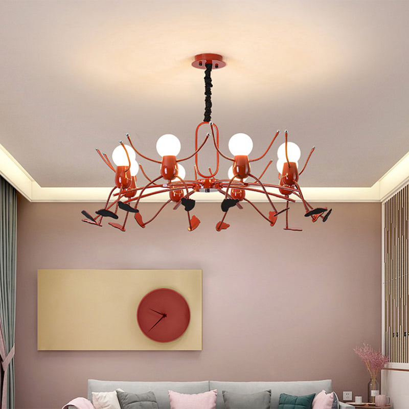 Red Stick-Man Chandelier Novelty Cartoon Metal Hanging Light Fixture for Kids Room
