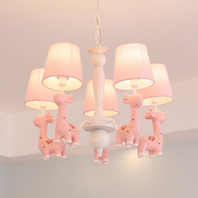 Sika Deer Hanging Ceiling Light Cartoon Resin Chandelier with Tapered Fabric Shade