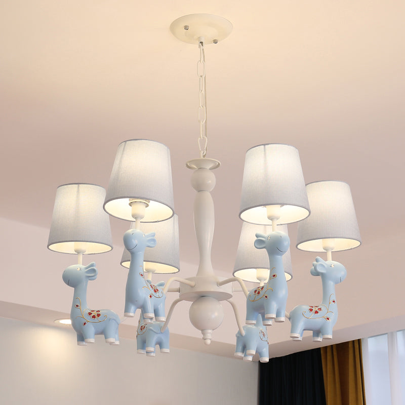 Sika Deer Hanging Ceiling Light Cartoon Resin Chandelier with Tapered Fabric Shade