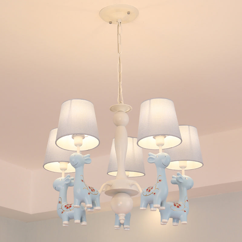 Sika Deer Hanging Ceiling Light Cartoon Resin Chandelier with Tapered Fabric Shade