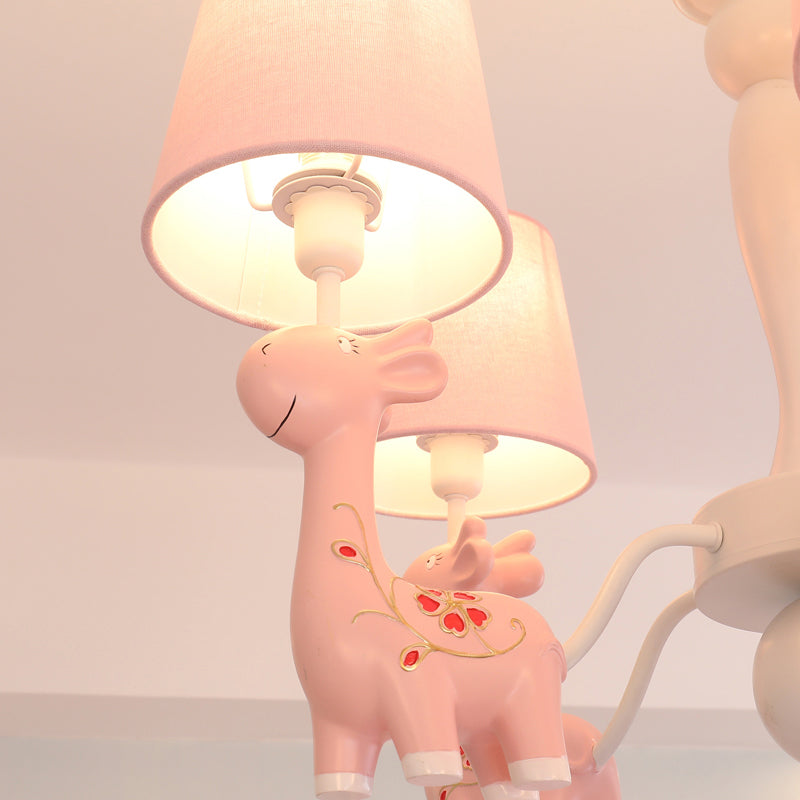 Sika Deer Hanging Ceiling Light Cartoon Resin Chandelier with Tapered Fabric Shade