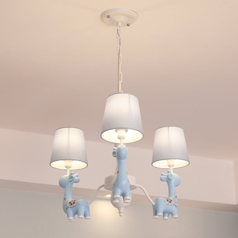 Sika Deer Hanging Ceiling Light Cartoon Resin Chandelier with Tapered Fabric Shade