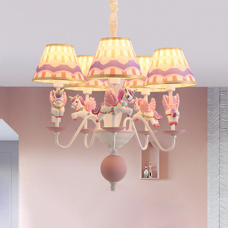 Unicorn Resin Suspension Lighting Cartoon 5-Light Chandelier with Print Empire Shade