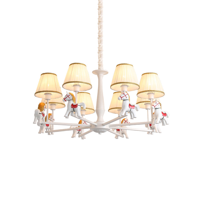 White Horse Chandelier Lamp Childrens Resin Ceiling Pendant Light with Tapered Pleated Fabric Shade