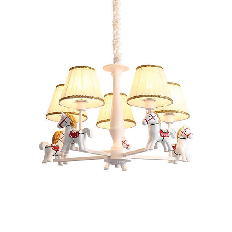 White Horse Chandelier Lamp Childrens Resin Ceiling Pendant Light with Tapered Pleated Fabric Shade