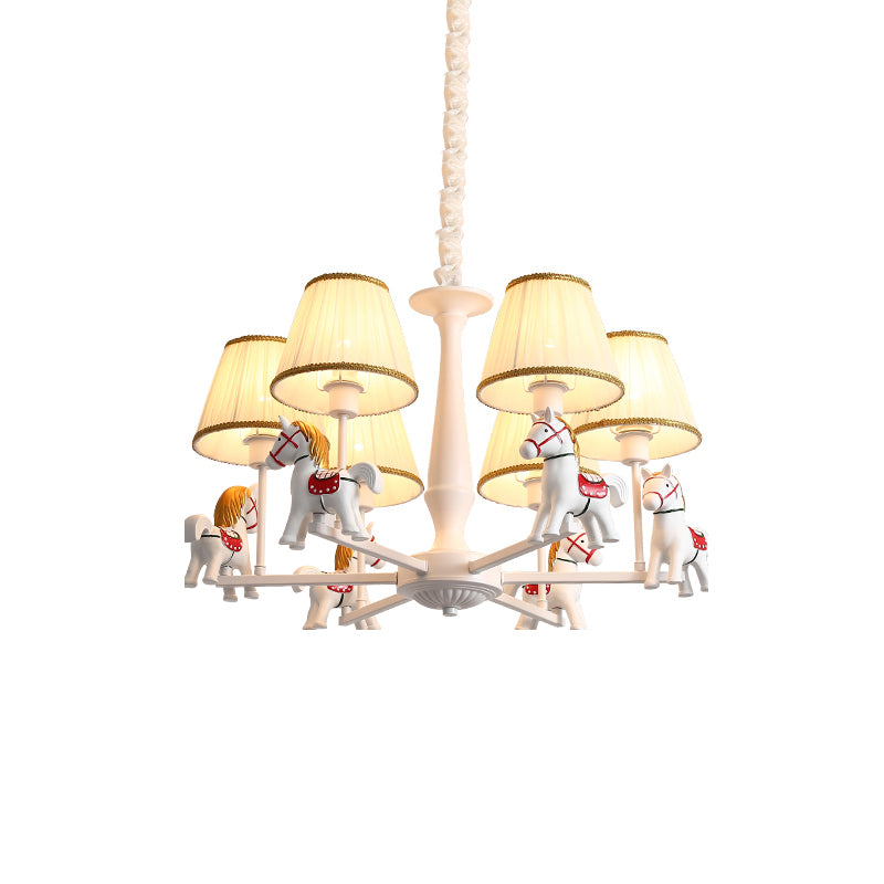 White Horse Chandelier Lamp Childrens Resin Ceiling Pendant Light with Tapered Pleated Fabric Shade
