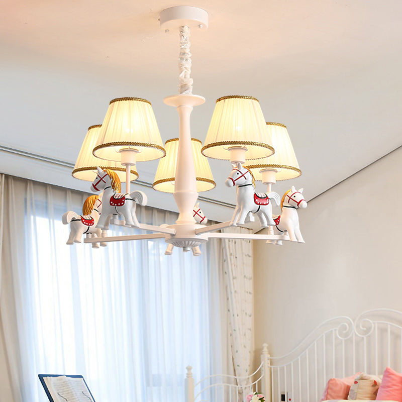 White Horse Chandelier Lamp Childrens Resin Ceiling Pendant Light with Tapered Pleated Fabric Shade