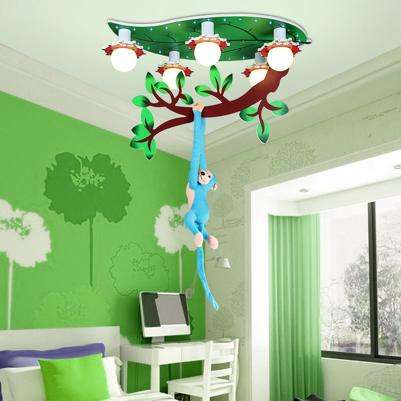 Cartoon Jungle Monkey Ceiling Flush Light Acrylic 5-Bulb Kindergarten Semi Mount Lighting in Green