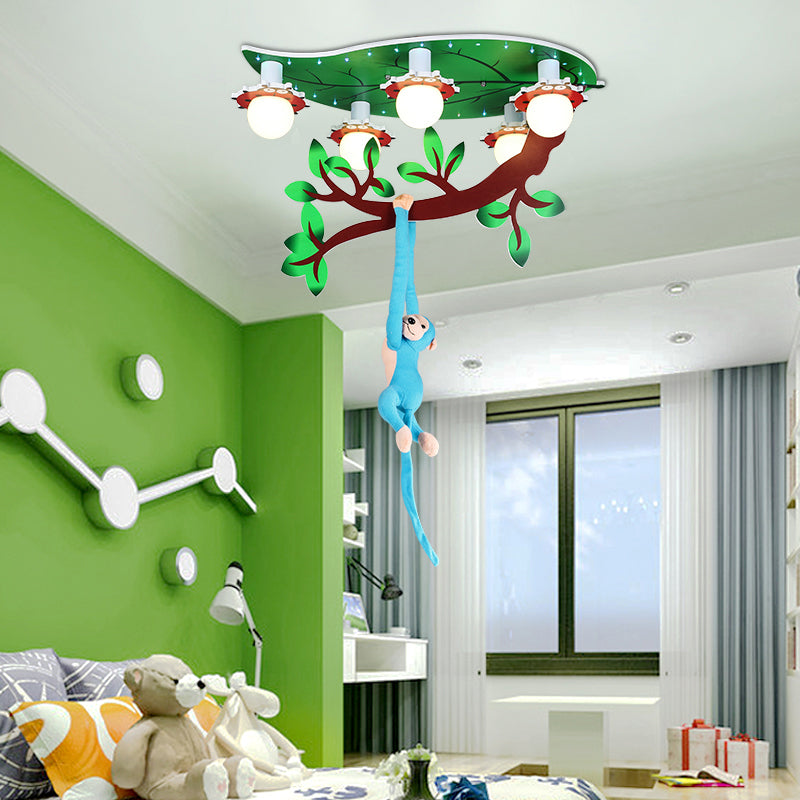 Cartoon Jungle Monkey Ceiling Flush Light Acrylic 5-Bulb Kindergarten Semi Mount Lighting in Green