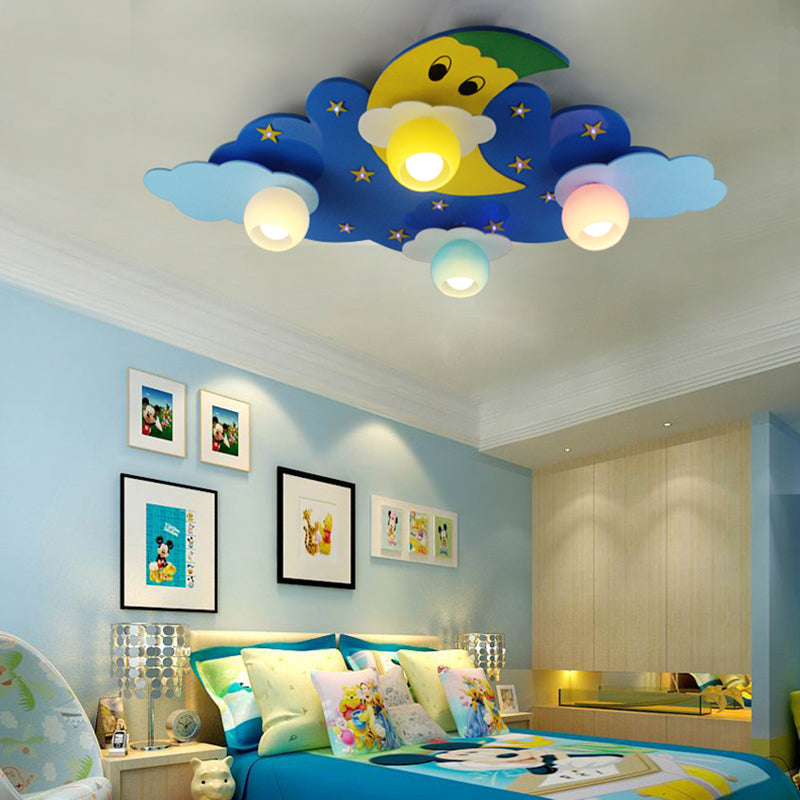 Cartoon Shape Wooden Ceiling Mounted Lamp Kids Style Blue Semi Flush Mount Lighting for Nursery