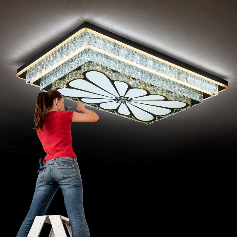 Contemporary Rectangle LED Flush Mount K9 Crystal Living Room Ceiling Light Fixture in Clear