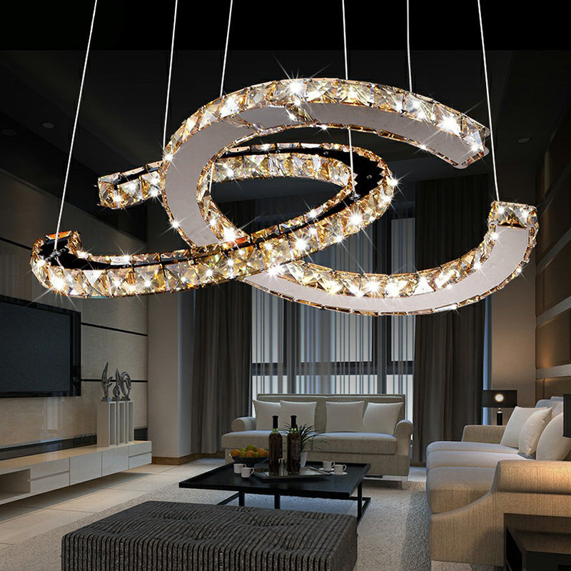 Crystal C Shaped LED Pendant Chandelier Minimalistic Stainless Steel Hanging Ceiling Light