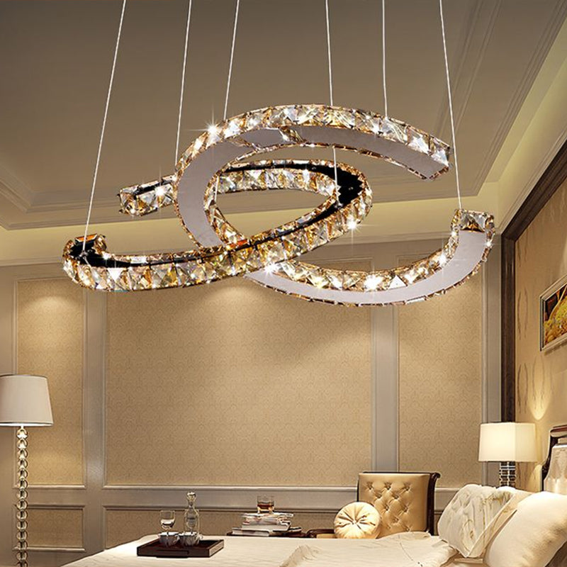 Crystal C Shaped LED Pendant Chandelier Minimalistic Stainless Steel Hanging Ceiling Light