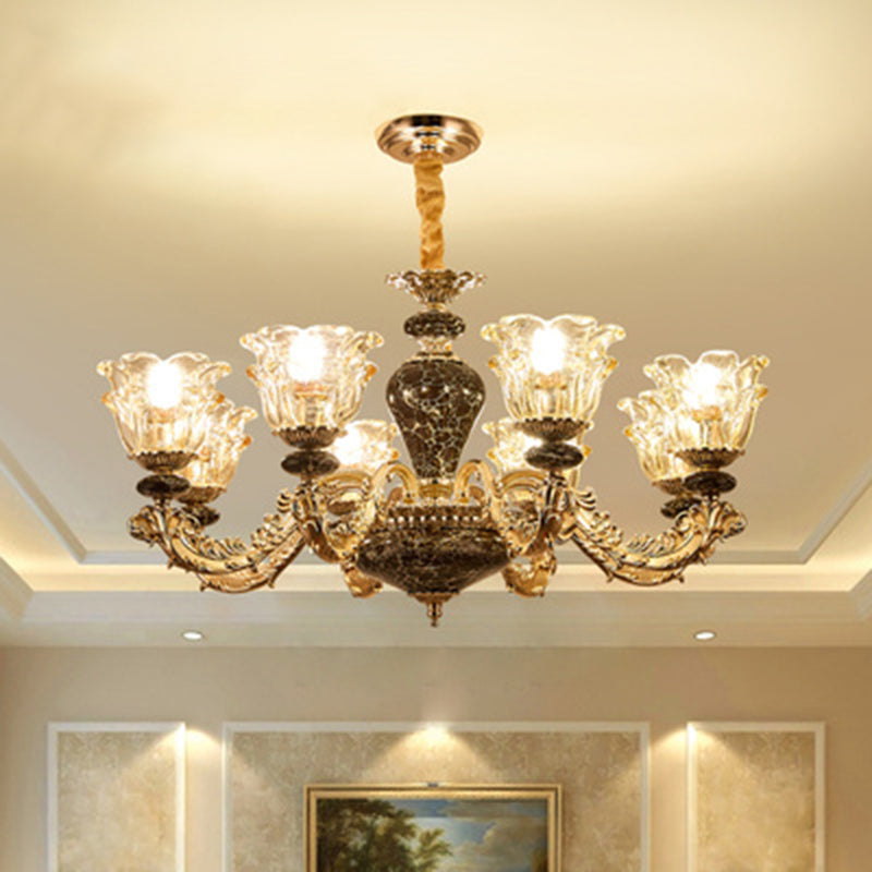 Clear Glass Flower Up Chandelier Traditional Bedroom Hanging Light Fixture in Coffee