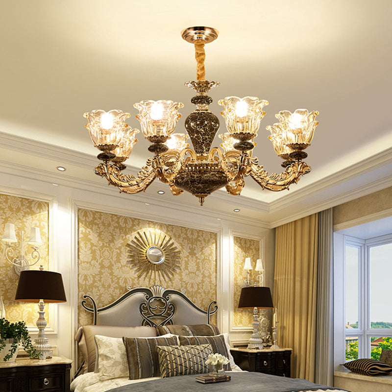 Clear Glass Flower Up Chandelier Traditional Bedroom Hanging Light Fixture in Coffee