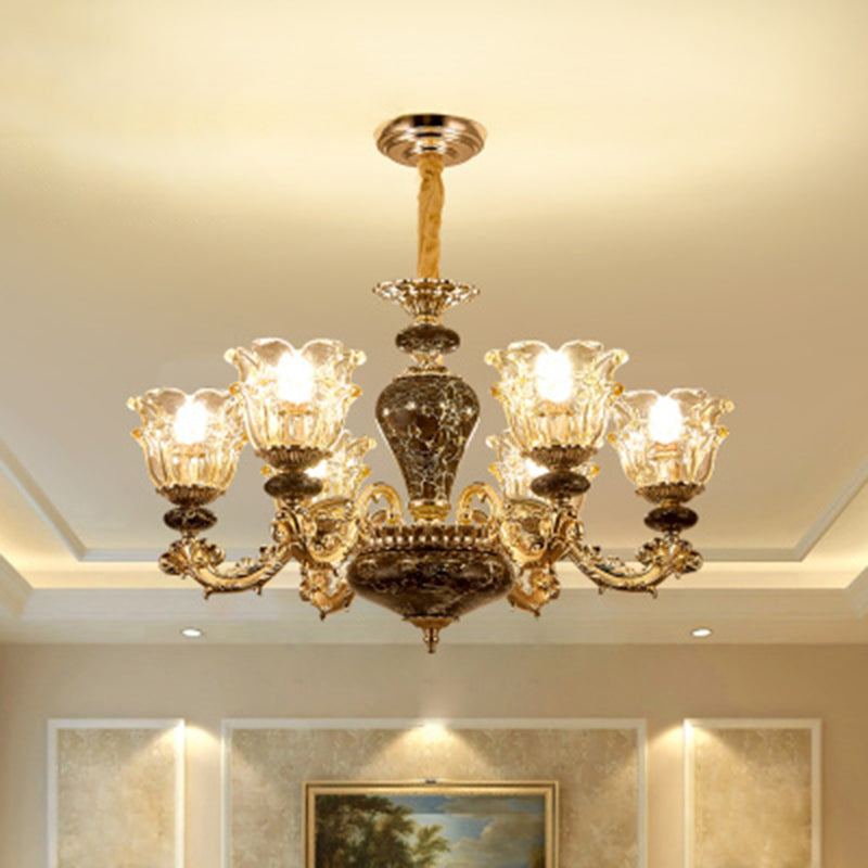Clear Glass Flower Up Chandelier Traditional Bedroom Hanging Light Fixture in Coffee