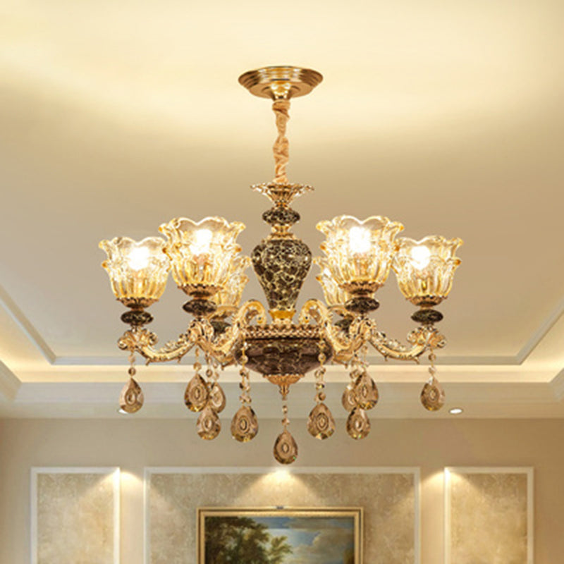 Clear Glass Flower Up Chandelier Traditional Bedroom Hanging Light Fixture in Coffee