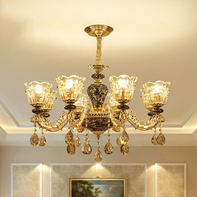 Clear Glass Flower Up Chandelier Traditional Bedroom Hanging Light Fixture in Coffee