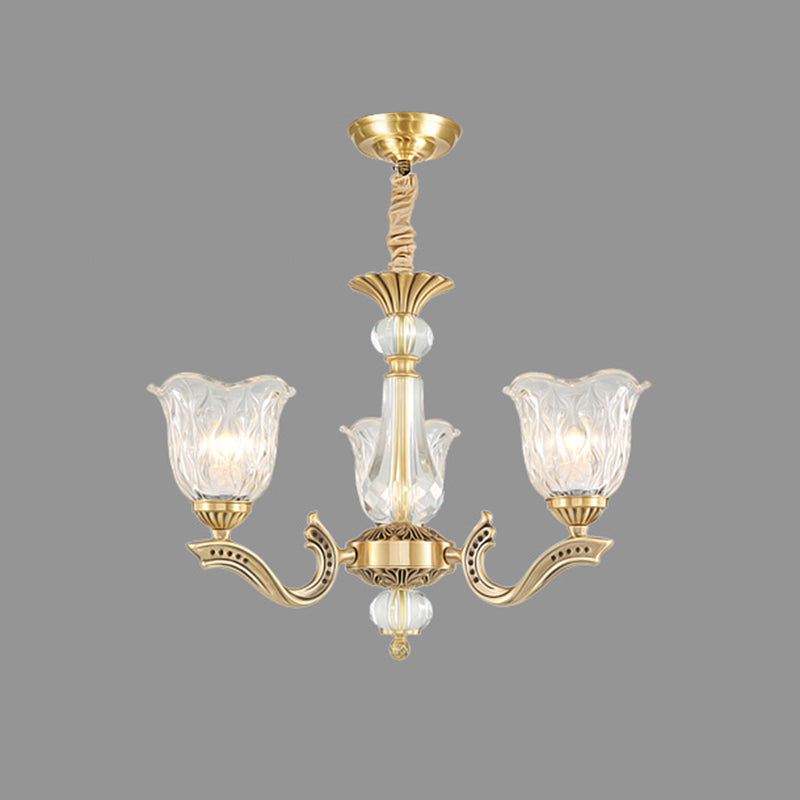 3 Lights Chandelier Lighting Antique Scalloped Clear Crystal Glass Suspension Lamp in Gold