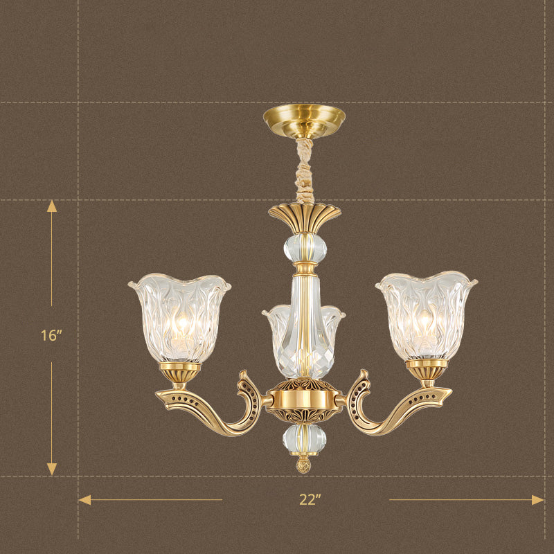 3 Lights Chandelier Lighting Antique Scalloped Clear Crystal Glass Suspension Lamp in Gold