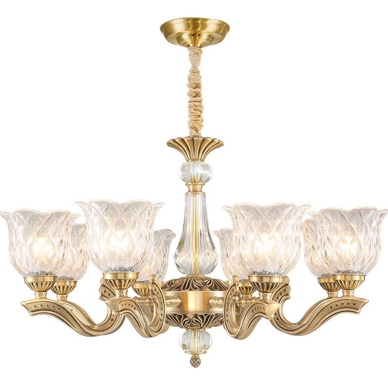 3 Lights Chandelier Lighting Antique Scalloped Clear Crystal Glass Suspension Lamp in Gold