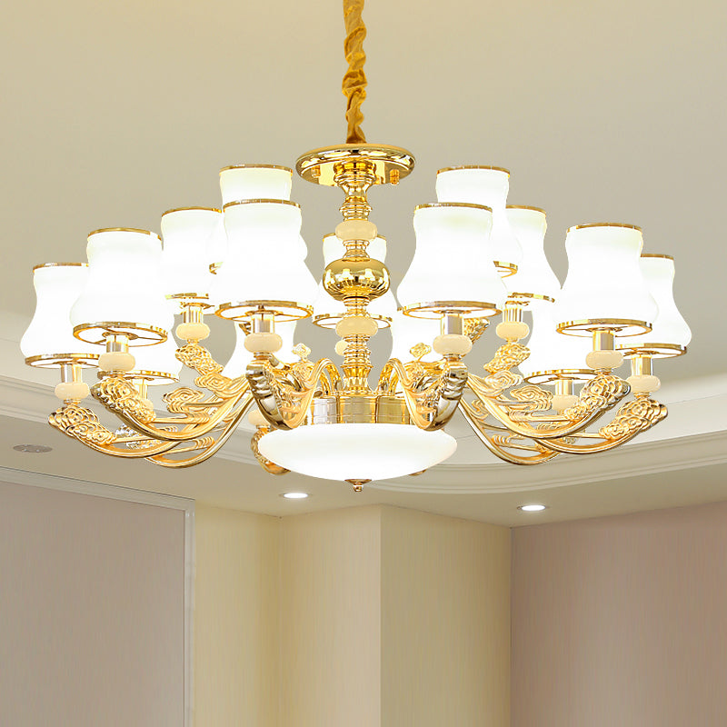 Gold Finish Decke Kronleuchter Übergang weißer Glas Kurve Schatten Anhänger Beleuchtung